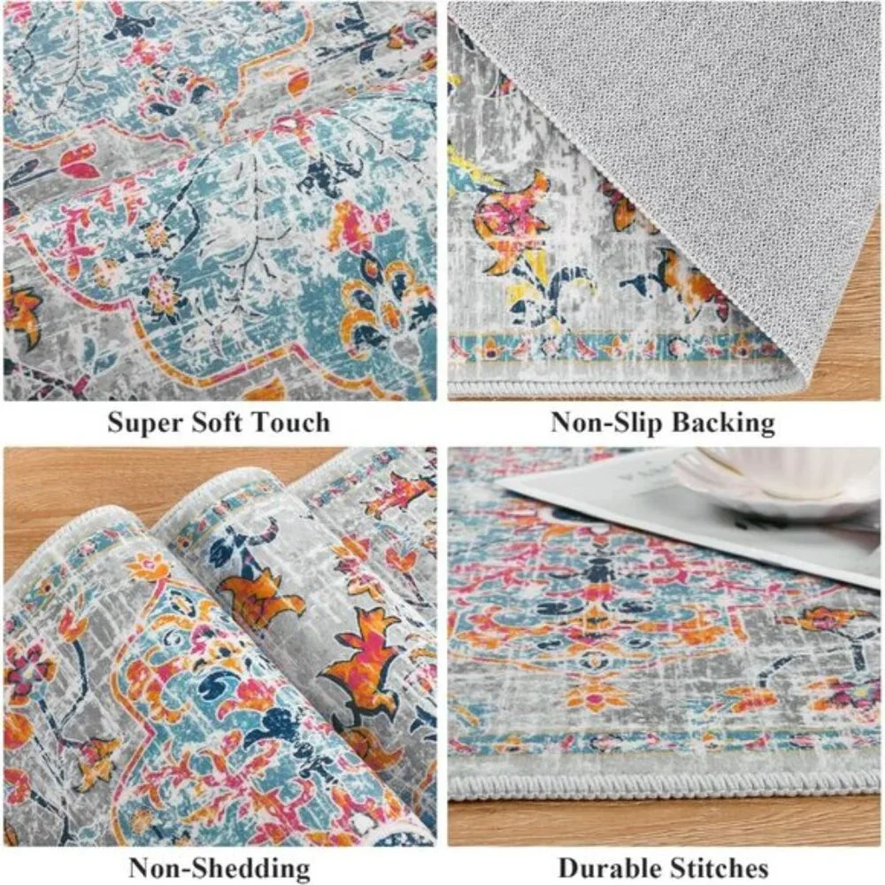 New 2 x 6ft Hallway Runner Rug, Washable Non-Slip Vintage Area Rug - Grey